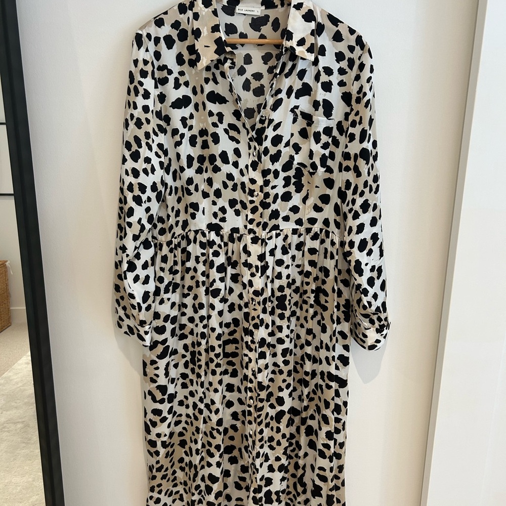 100% Silk Leopard Print Long Sleeve Dress